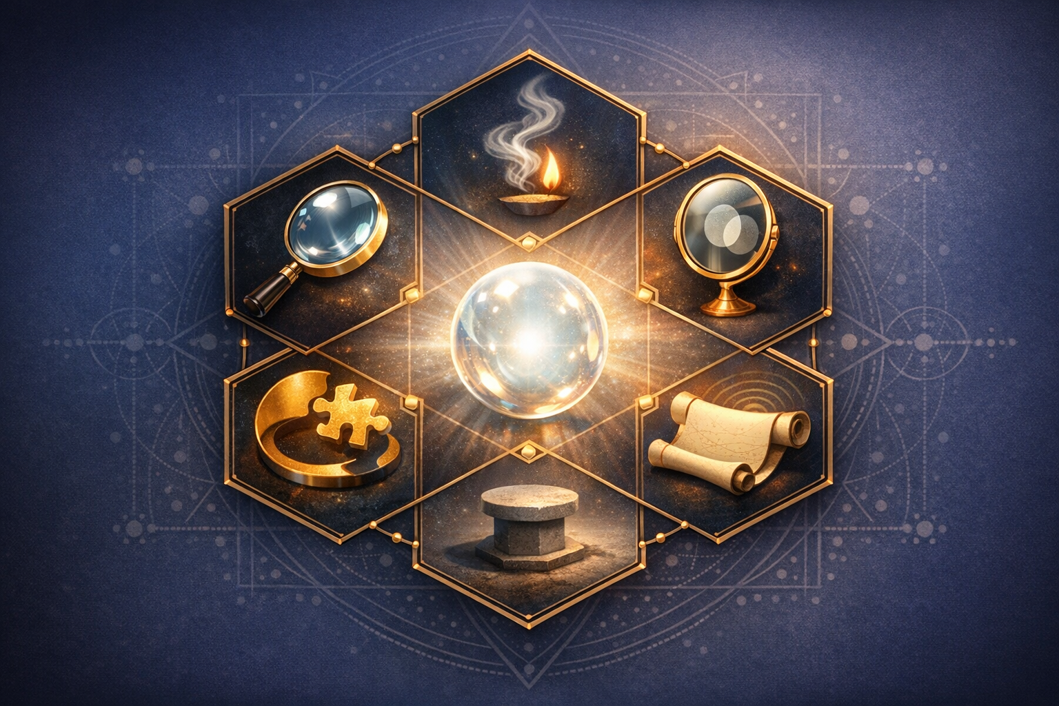 Golden hexagons surround a radiant crystal orb, flanked by icons: magnifying glass, oil lamp, mirror, puzzle crescent, stone pedestal, and rolled maps on a blue geometric background for {post.categories}.