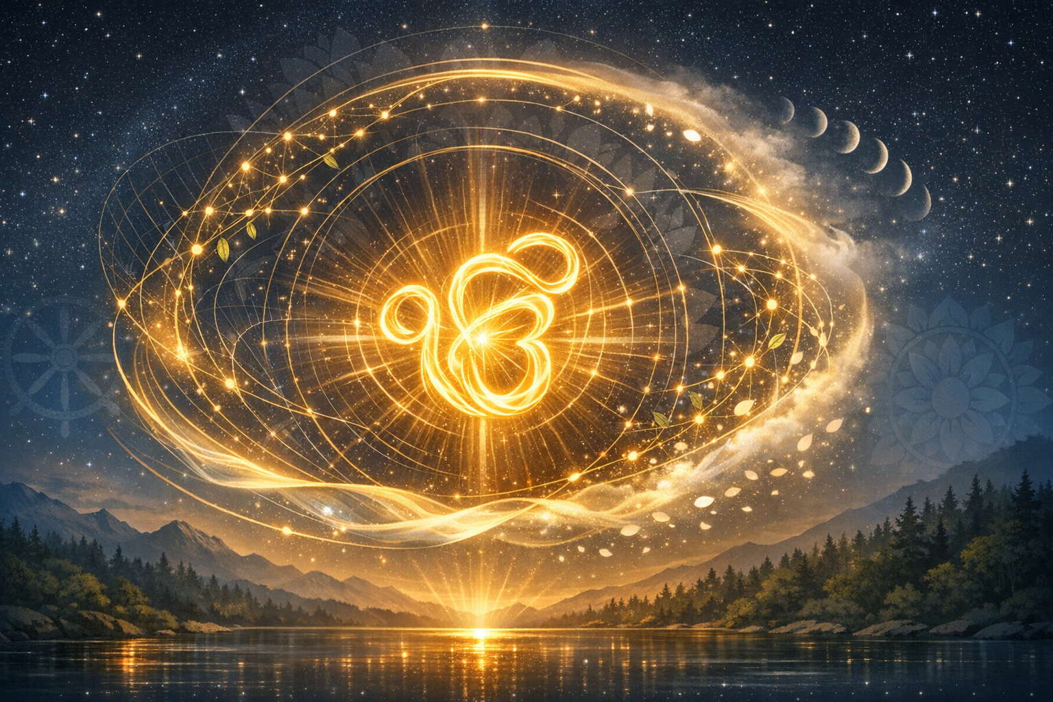 Golden luminous symbol and swirling orbits hover above a tranquil lake at sunrise, with starry sky, lunar phases, constellations, and mountain forest, evoking sacred geometry and cosmic energy.
