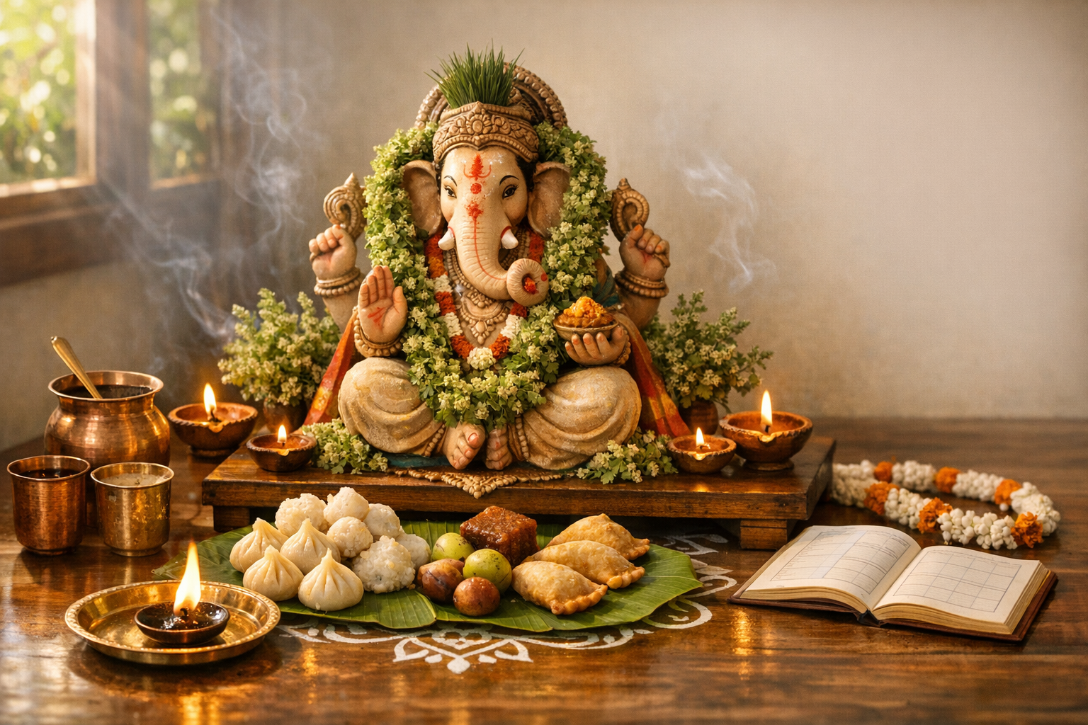 Ganesh Chaturthi puja scene: decorated Ganesha idol on a wooden altar with jasmine and marigold garlands, lit diyas, incense, modaks and sweets on a banana leaf, copper vessels, and an open notebook.