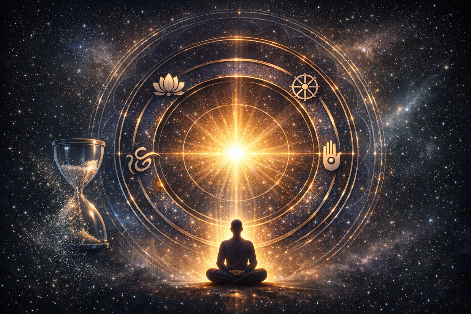 Silhouette meditating before a radiant cosmic star, encircled by golden rings with a lotus, wheel, and open hand, as an hourglass sheds stardust across a galaxy. {post.categories}