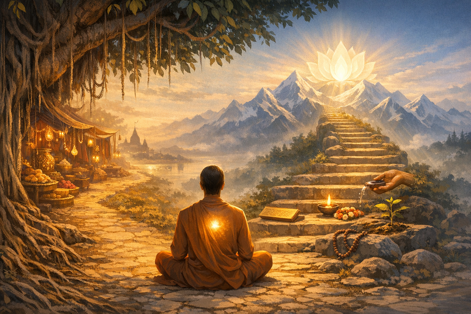 Robed meditator sits by a riverside path beneath a banyan, facing stone steps to snowy peaks and a radiant lotus; candles, beads, and offerings glow as a hand waters a small sprout at dusk.