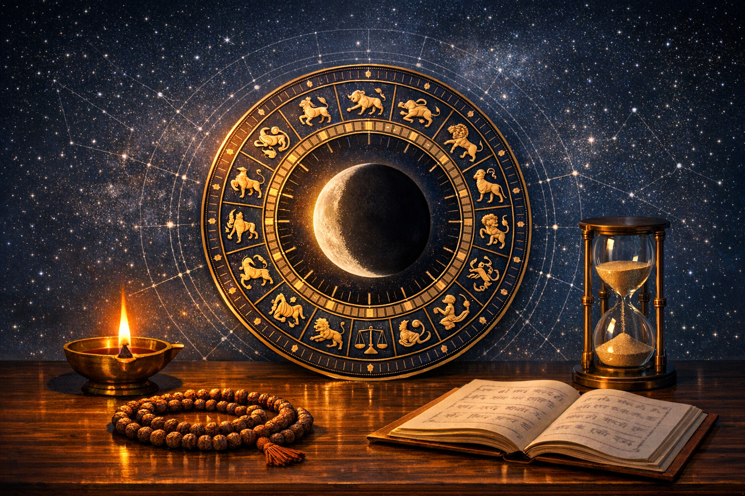 Center: golden zodiac wheel with a crescent moon. Background: star map. Left: brass oil lamp and mala beads. Right: hourglass and open Sanskrit manuscript—astrology, horoscope, lunar phases.