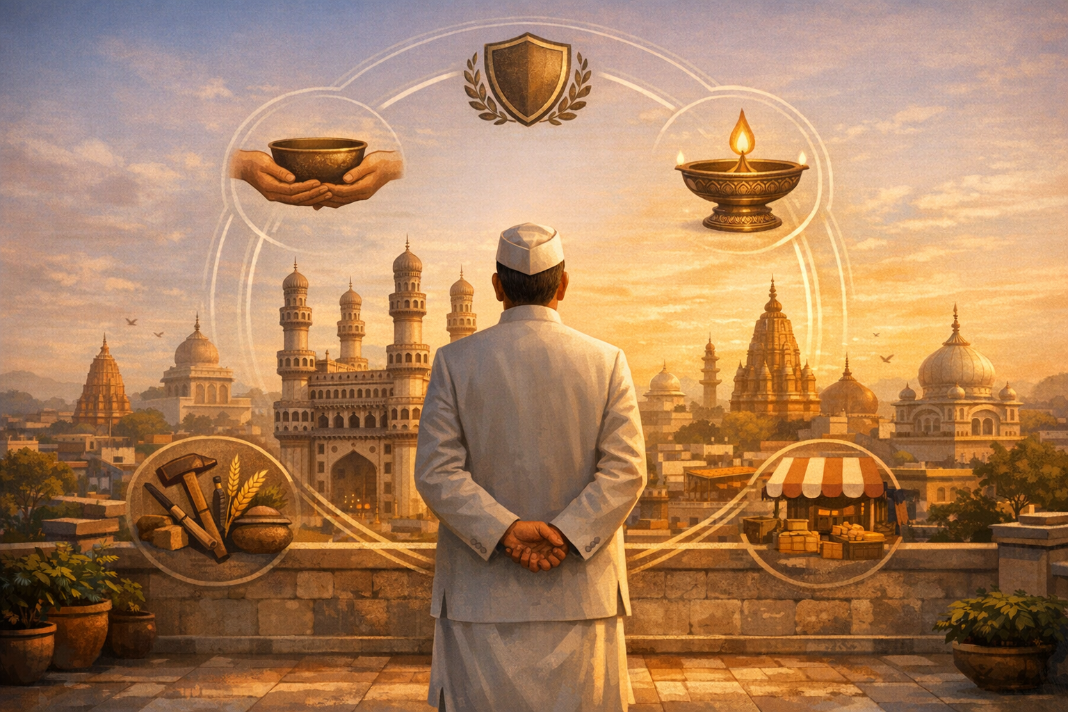 Back view of a man in a white cap on a terrace, facing a golden Indian skyline. Icons show charity, a protective shield, a lit diya, and symbols of agriculture, industry, and lively market trade.
