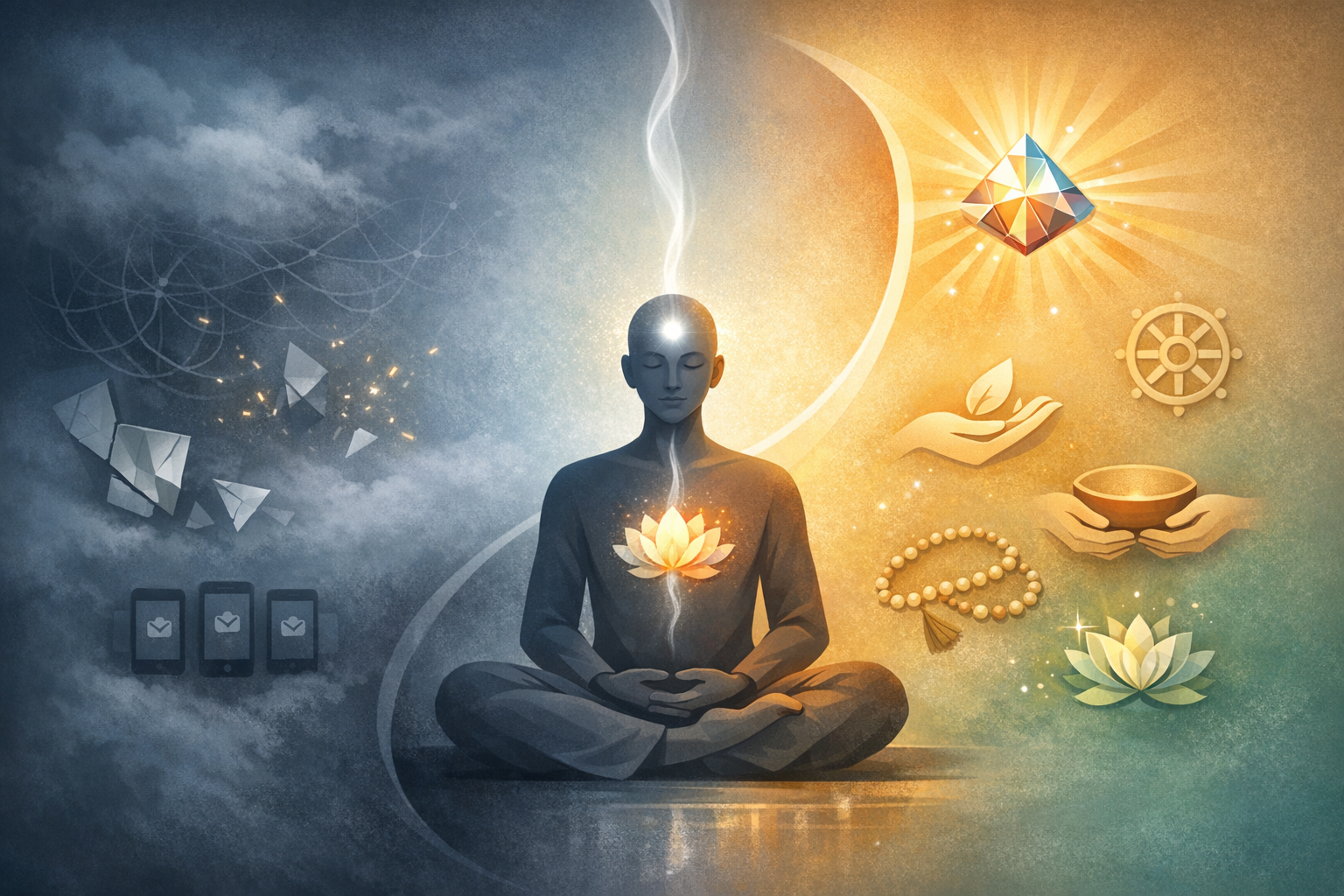 Seated meditator with a glowing heart lotus; left side shows grey digital clutter, right side shows warm symbols—mala beads, dharma wheel, offering bowl, leaf, and gem; {post.categories}