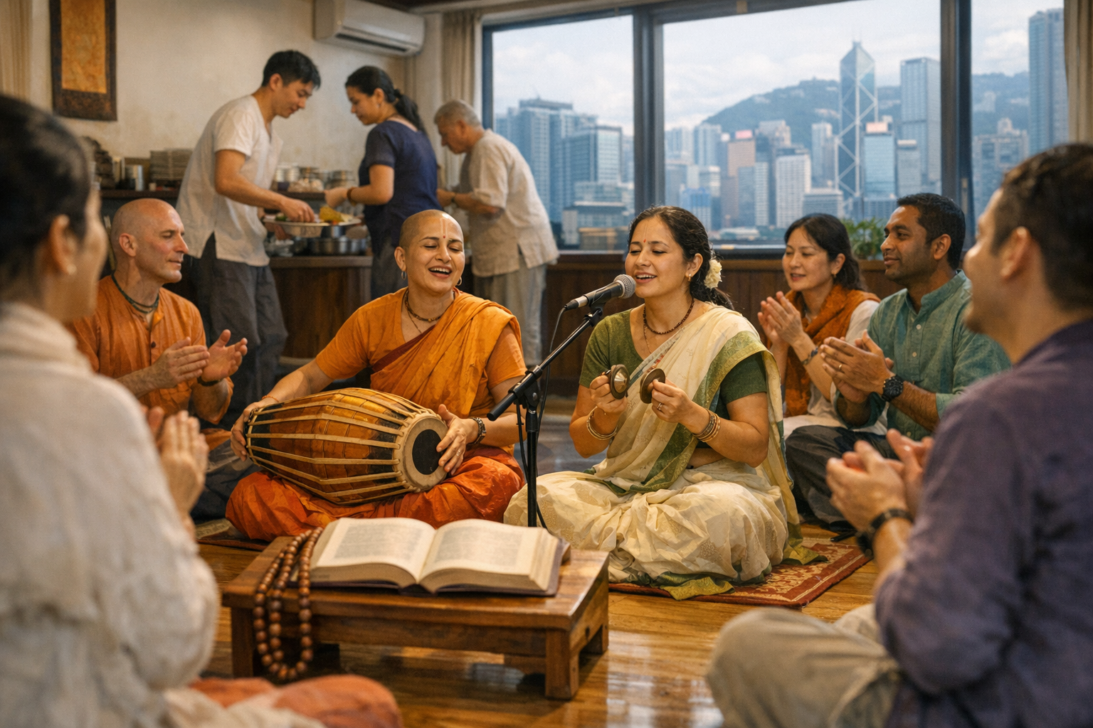 Indoor community chant circle with people seated on the floor, singing and clapping. One plays hand cymbals at a mic, another a two-headed drum; an open book on a low table; city skyline beyond.