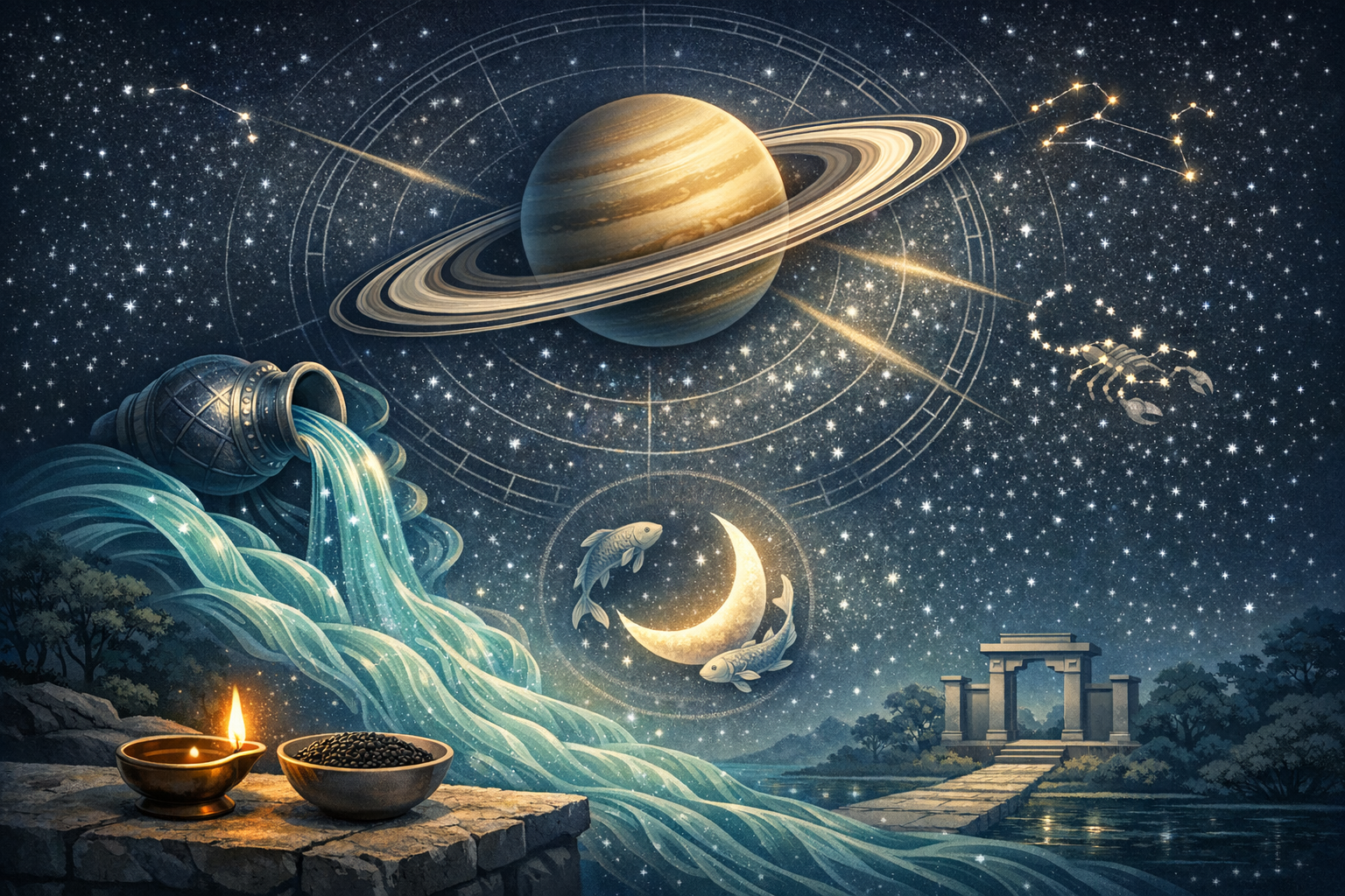 Starry zodiac scene with Saturn’s rings, an Aquarius urn pouring luminous water, a crescent moon flanked by two fish (Pisces), the Scorpio constellation, and a riverside altar with lamp and bowl.