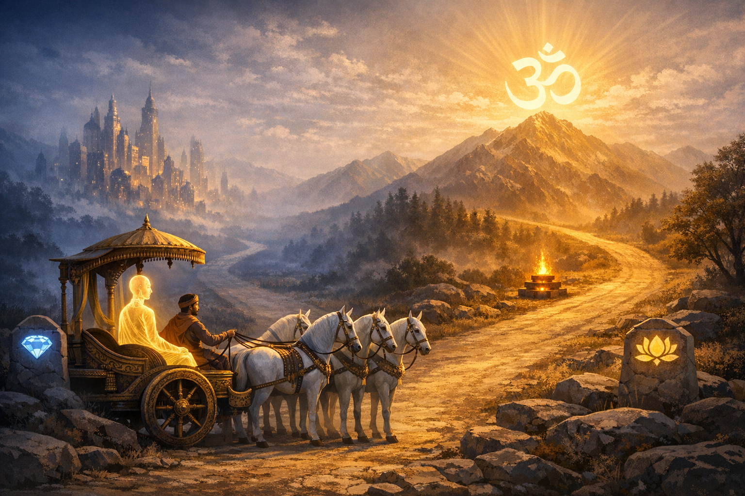 Ornate chariot with four white horses on a winding mountain road at sunrise; a glowing sage sits beside the driver; Om shines above peaks, a fire altar ahead, and lotus and diamond symbols on rocks.