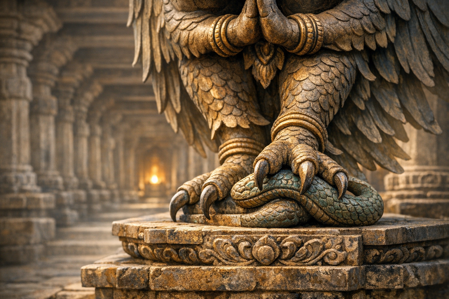 Close-up of a stone guardian statue, feathered legs and sharp talons pinning a coiled serpent on a carved pedestal, within ancient temple architecture, pillared corridor and warm light in distance.
