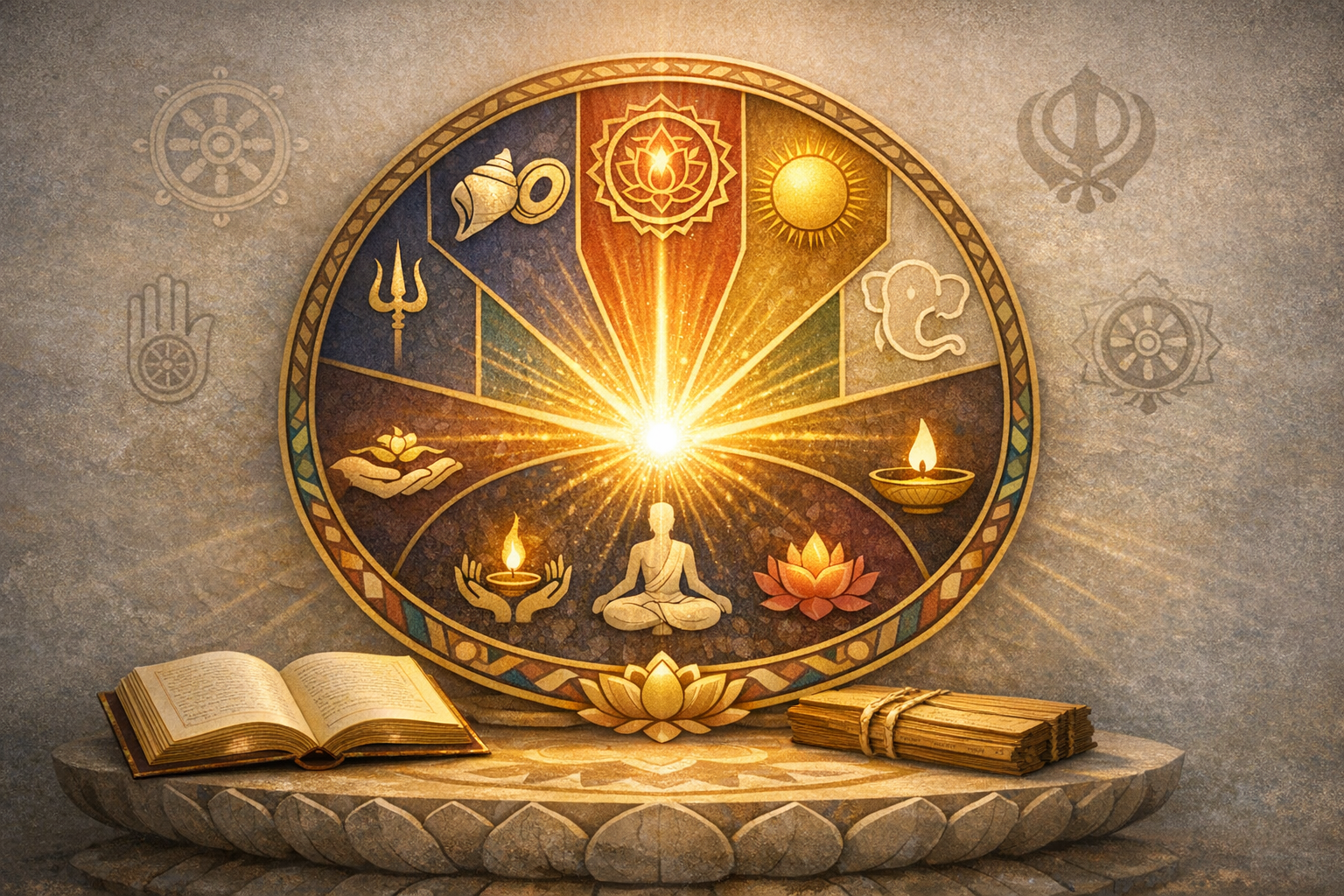 Radiant mandala with a bright core displays Indian spirituality symbols - lotus, sun, conch, trident, diya, Ganesha - around a seated meditator; a scripture and palm-leaf texts rest on a pedestal.