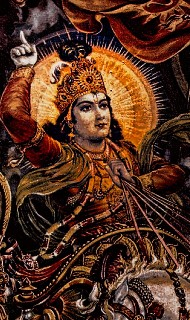 Classical Indian painting of a haloed charioteer in a jeweled crown, hand raised while steering white horses; a symbol of guidance, devotion, and remembering God for a spirituality article.