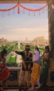 Painting of robed figures on a palace balcony overlooking ornate gardens with fountains and temples, evoking Vedic cosmology and the Illusion of Heavenly Planets explored in this spirituality article.