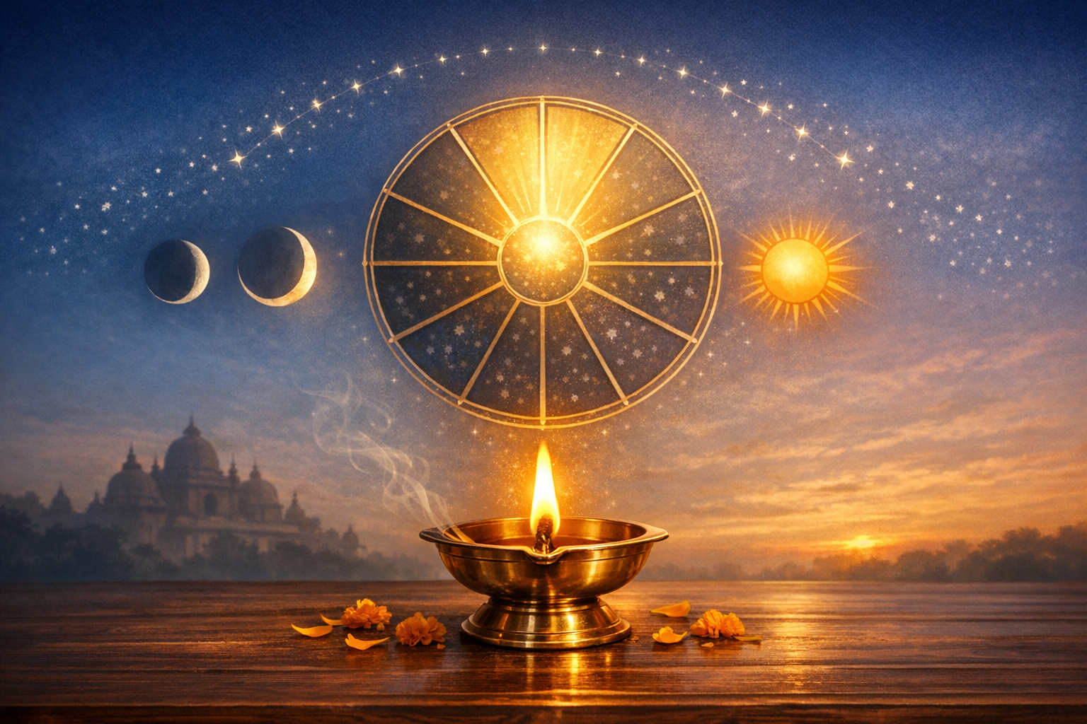 Brass diya glows on a wooden table with marigold petals, below a starry zodiac wheel flanked by the sun and crescent moons; a distant temple at dusk evokes astrology, lunar phases, and ritual.