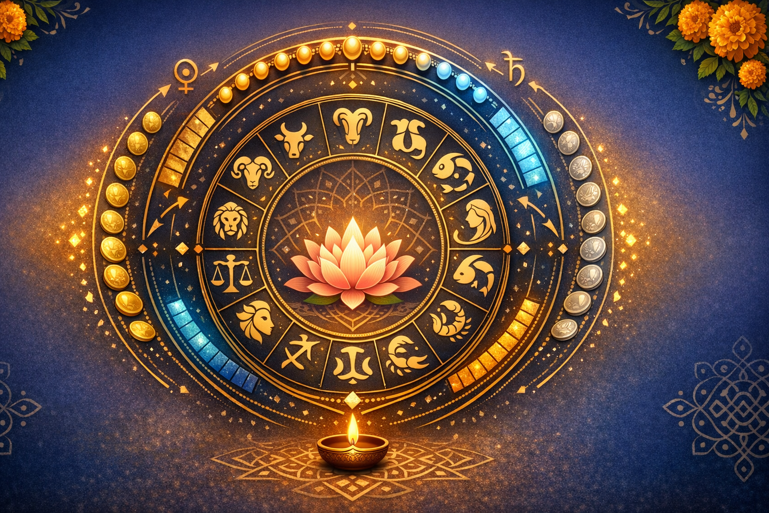 Illustrated zodiac wheel on deep blue: 12 golden signs encircle a pink lotus, with a lit diya below and markers for Venus and Saturn; marigold accents sparkle. Astrology, horoscope, {post.categories}
