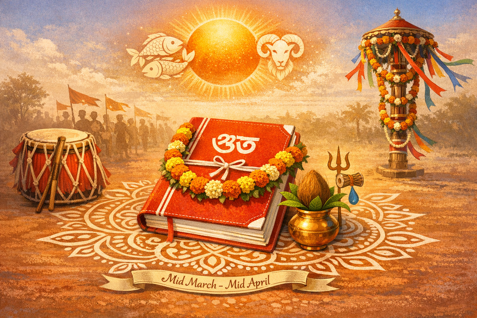 Garlanded red book with a sacred symbol on a rangoli, kalash with coconut, trident and damru, gudi pole, dhol, sun amid Pisces and Aries; banner mid March to April, marking Indian spring New Year.