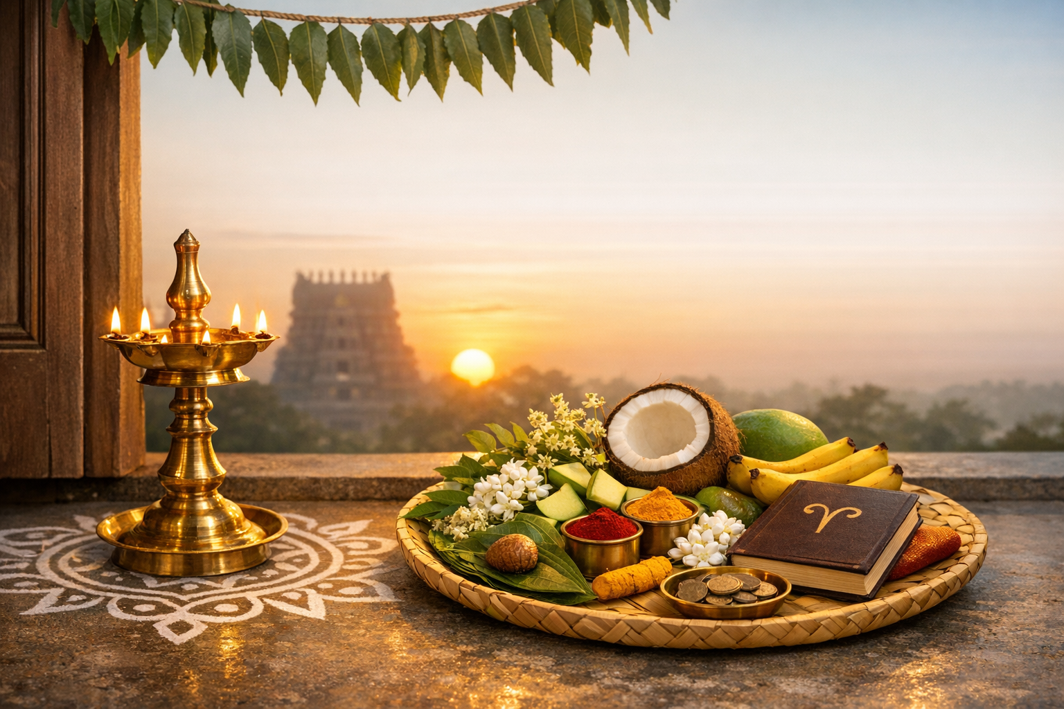 Sunrise puja scene for Tamil New Year (Puthandu): a lit brass lamp and kolam beside a tray with coconut, raw mango, bananas, jasmine, turmeric, kumkum, coins, and an Aries almanac near a temple.