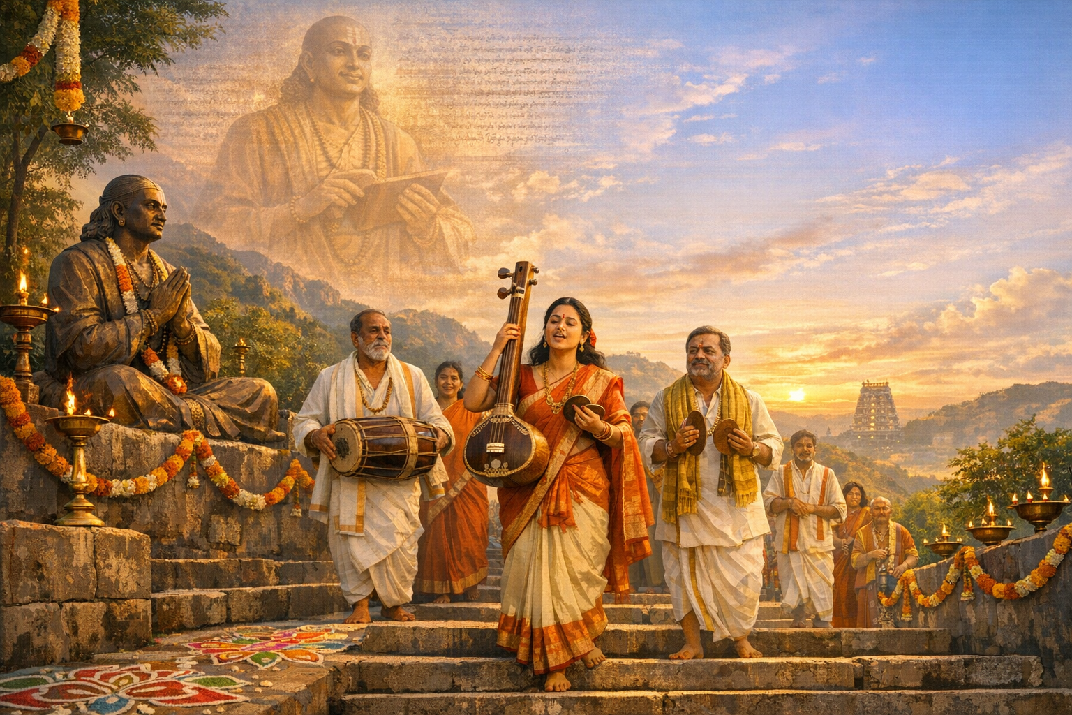 Devotional Carnatic procession on temple steps at sunrise; singers in sarees and dhotis play tanpura, mridangam, and cymbals amid diyas, garlands, rangoli, a saint statue, and a distant gopuram.