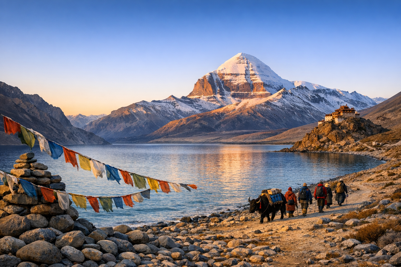 Trekkers and a pack yak follow a rocky lakeshore toward a hilltop monastery, beneath snow-capped Himalayan peaks at sunrise, with colorful prayer flags draped over stone cairns by the water.