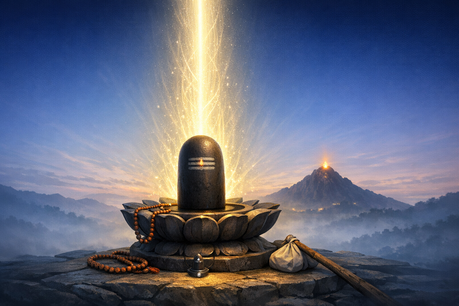 Shiva lingam on a lotus pedestal at dawn, tripundra markings aglow as a golden beam rises skyward. Rudraksha beads, oil lamp, and pilgrim staff; a distant peak burns with flame over misty hills.