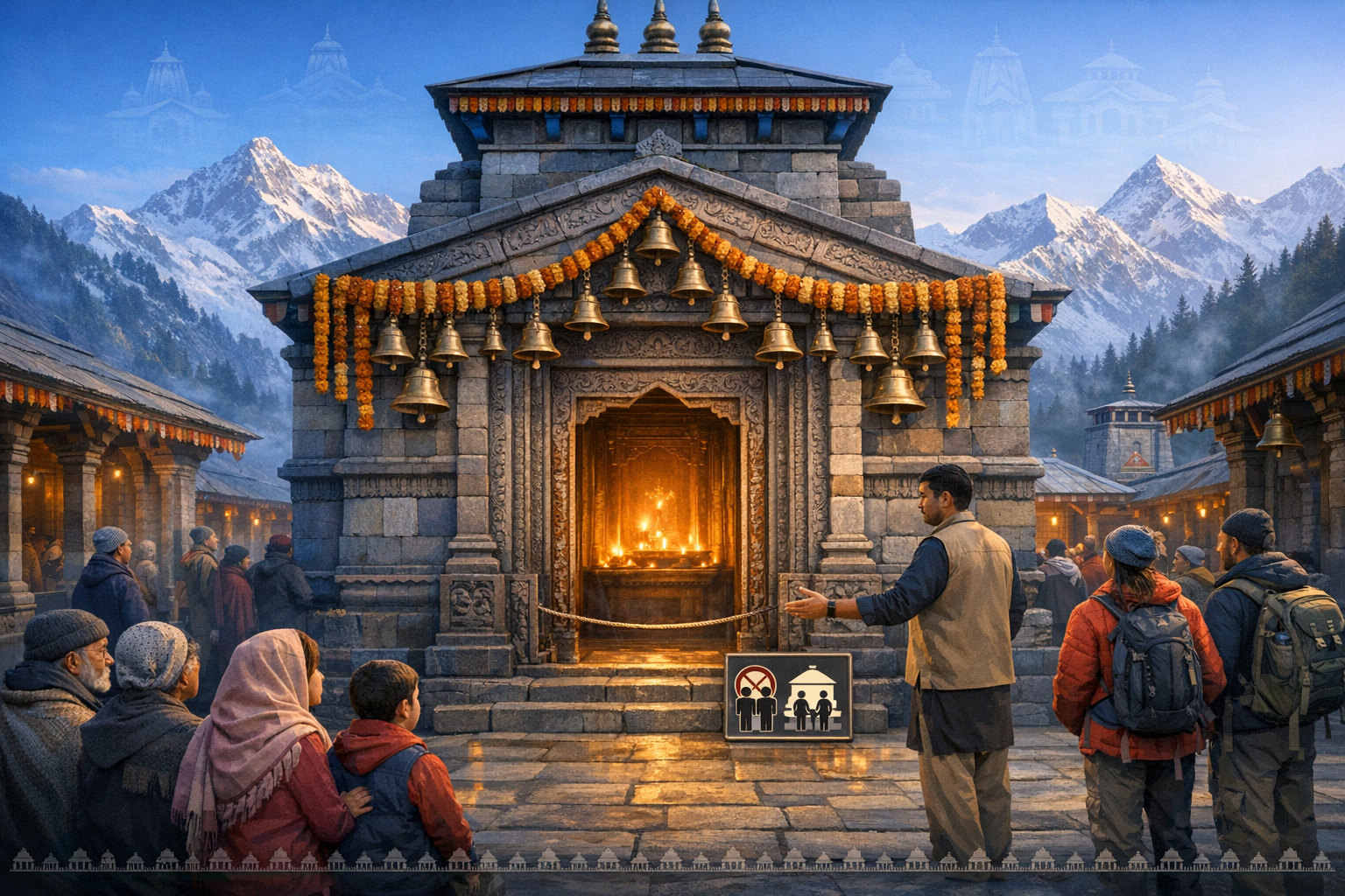 Historic Himalayan Hindu temple with marigold garlands and brass bells; a lamp-lit sanctum glows as visitors in winter wear queue. Snow-capped peaks rise behind, with entry-rule signage by the steps.