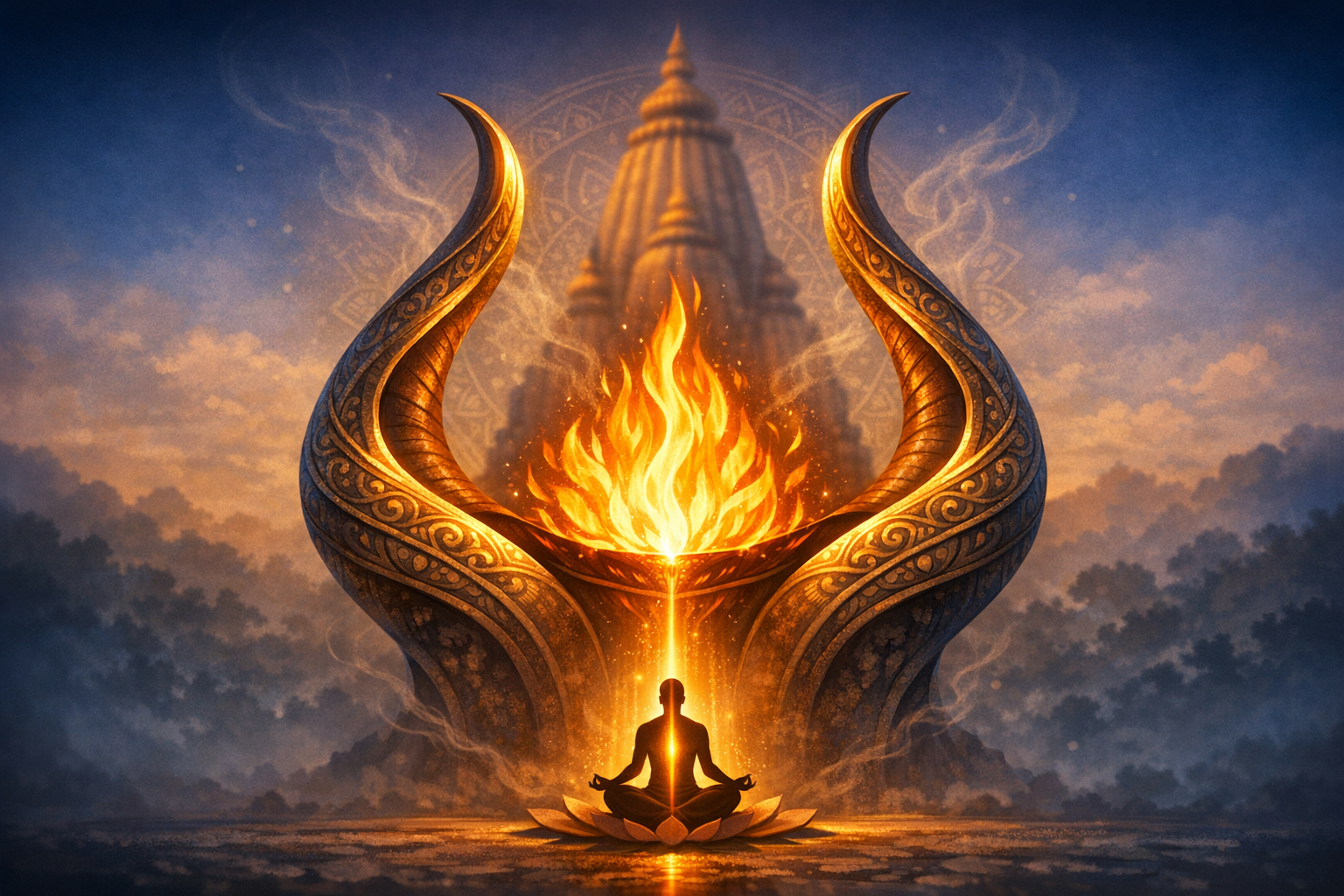 Ornate golden brazier cradles a sacred flame before a distant temple, while a single figure meditates in lotus beneath arches; warm firelight meets cool dusk, evoking inner peace and spirituality.