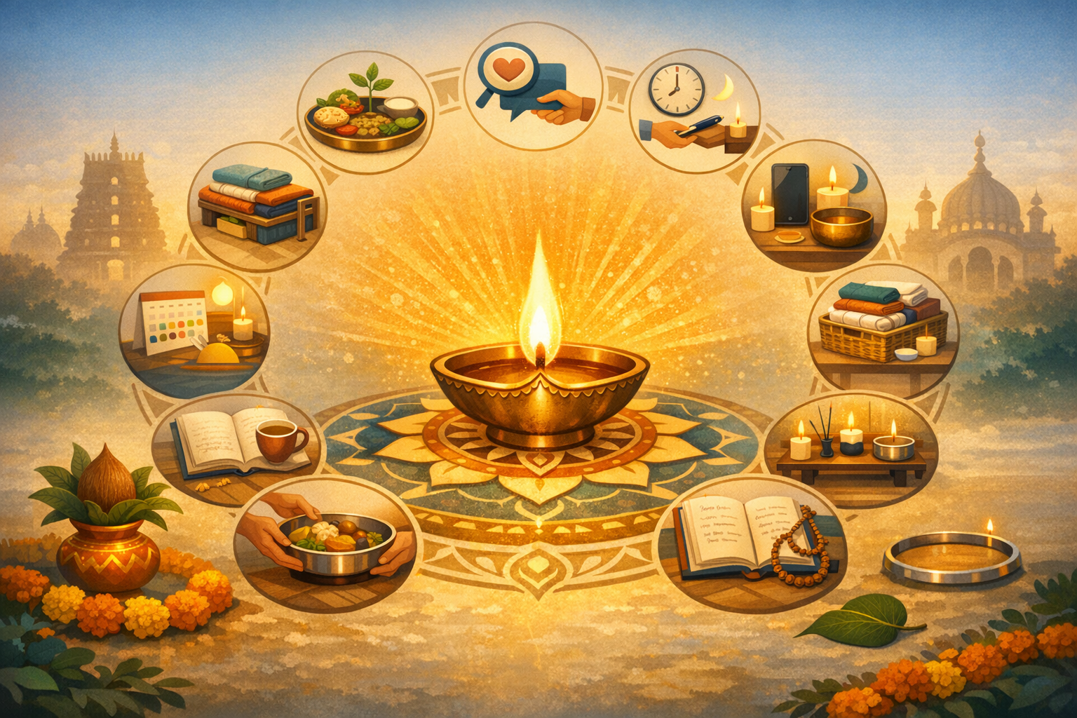 Glowing diya on a mandala, encircled by icons of daily rituals—wholesome meals, gratitude, timekeeping, digital detox, incense, reading, prayer beads—evoking Ayurveda, mindfulness, and self-care.