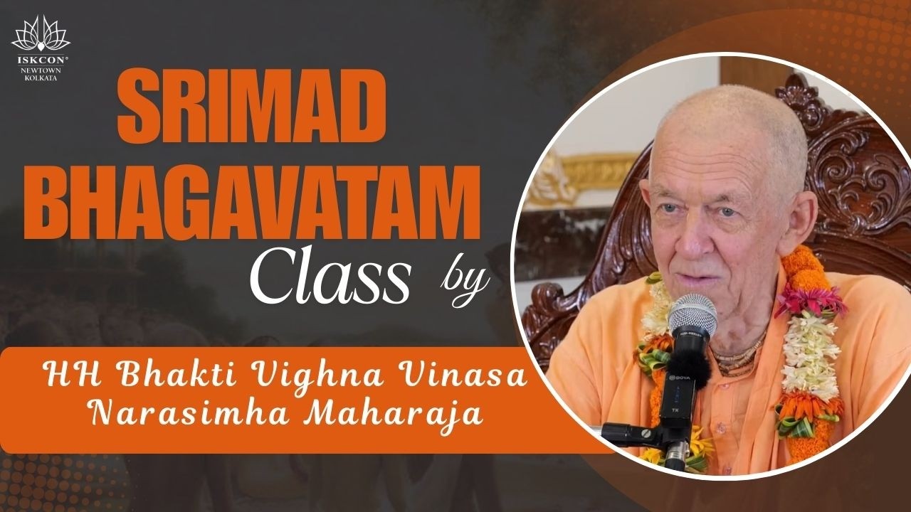 Promotional graphic for a Srimad Bhagavatam class (SB 11.09.15) by ISKCON Newtown Kolkata, showing a saffron-robed speaker with flower garlands speaking into a microphone; event poster; testing.
