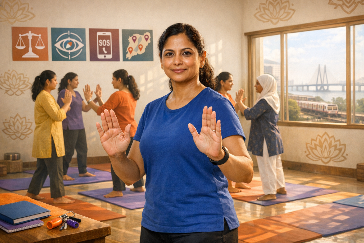 Women practice self‑defense in a bright studio during a women's safety workshop as an instructor in a blue shirt shows a ready stance; safety posters, yoga mats, and a bridge and train outside.
