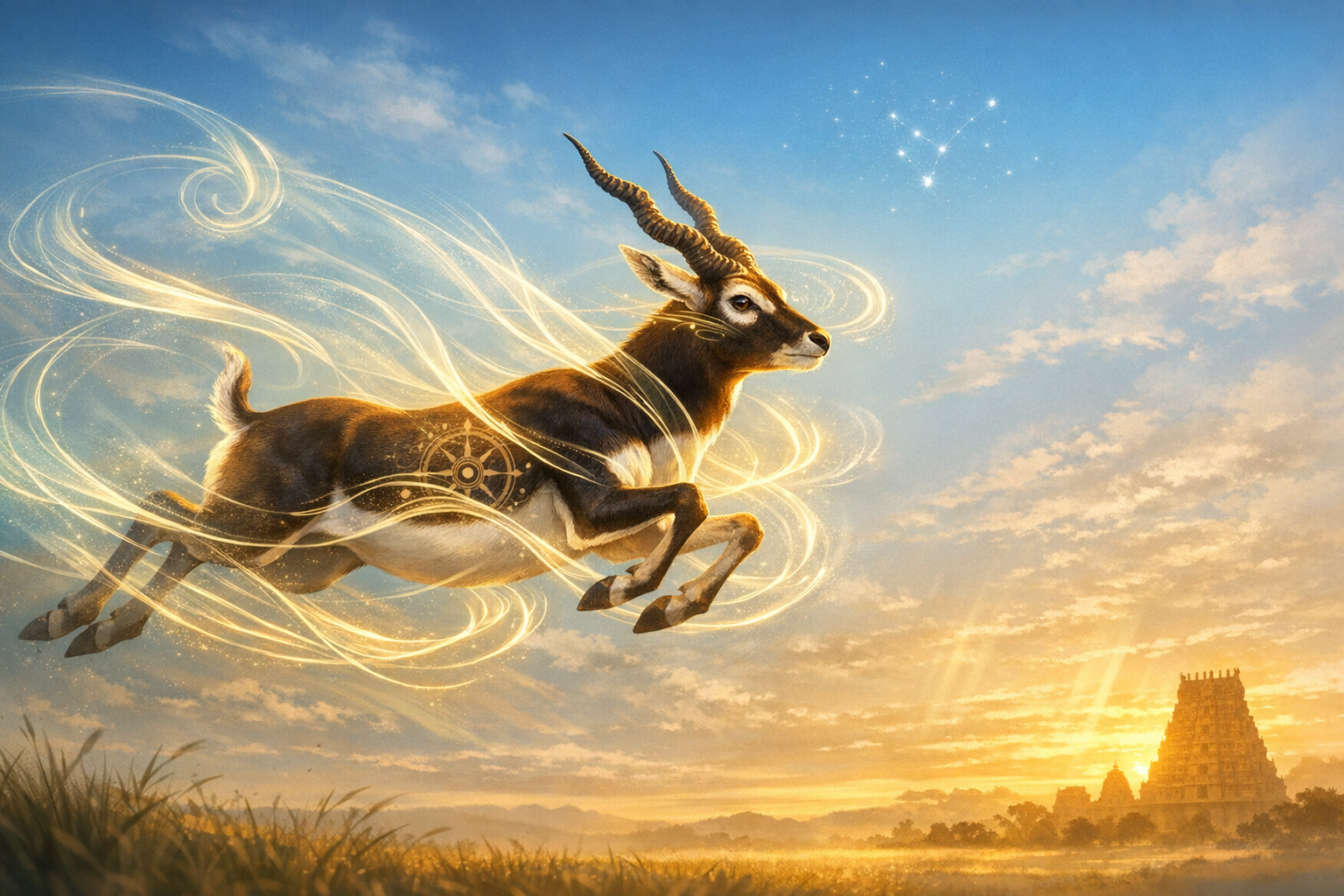 Fantasy artwork of a leaping antelope wrapped in golden light trails beneath a starry constellation at sunrise, with a South Indian temple on the horizon; blends mythology, zodiac, and Vedic astrology.