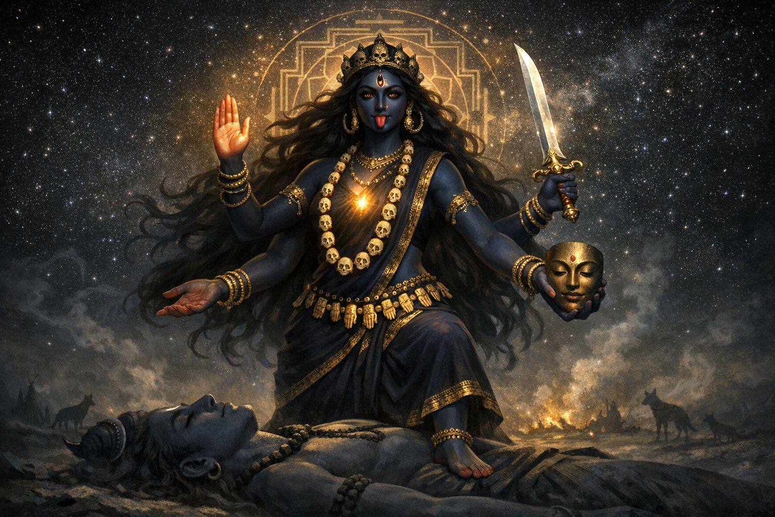 Digital art of the Hindu goddess Kali, blue-skinned and four-armed, wearing skull and gold adornments, holding a sword and a mask, standing over Shiva under a starry, yantra-lit sky.