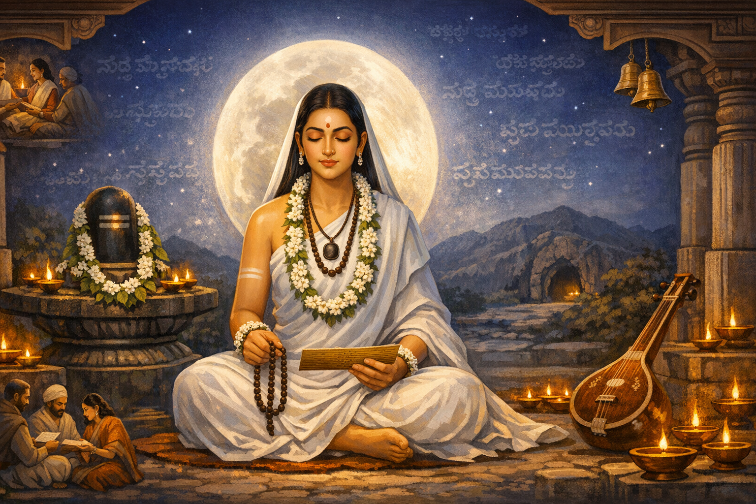 Illustration of a serene woman saint-poet meditating with rosary and palm-leaf manuscript before a garlanded Shiva lingam, veena, and oil lamps, beneath a full moon with Kannada script shining in the night sky.