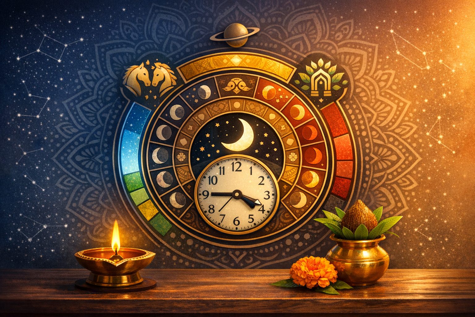 Vedic astrology wheel with moon phases around a clock, zodiac icons and a starry sky, beside a lit brass diya and a kalash with coconut and marigold, signaling panchang, muhurta and festival timing.