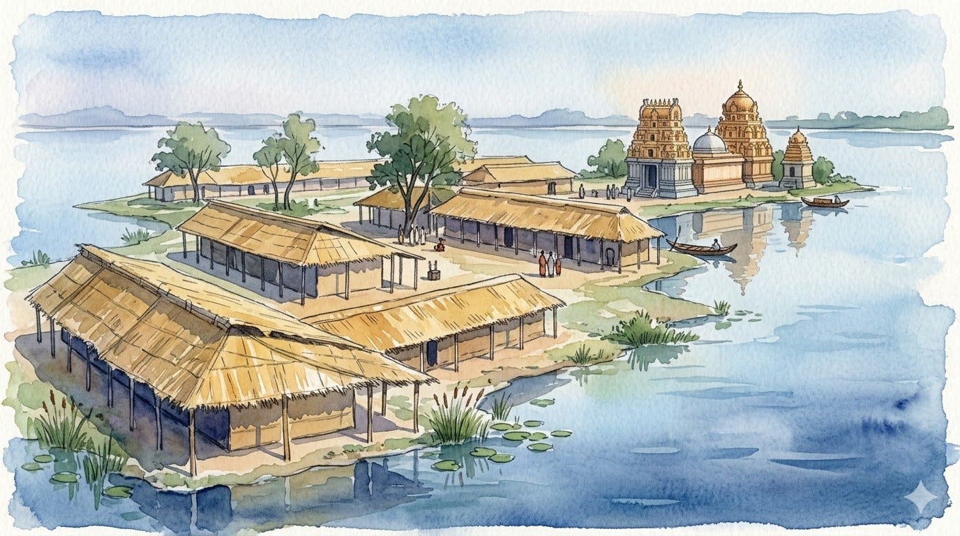 Watercolor panorama of Kelambakam village in South India, showing thatched-roof houses along a quiet lagoon, leafy trees, wooden boats, and ornate temple gopurams on a peninsula under blue sky.