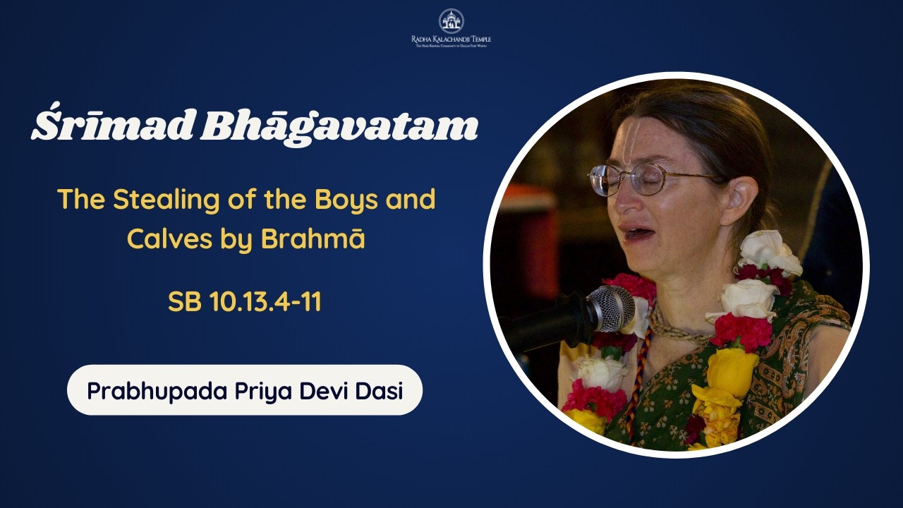 Promo graphic for a Srimad Bhagavatam class, 'The Stealing of the Boys and Calves by Brahma' (SB 10.13.4–11); a garlanded devotee at a microphone on a dark blue background; testing.