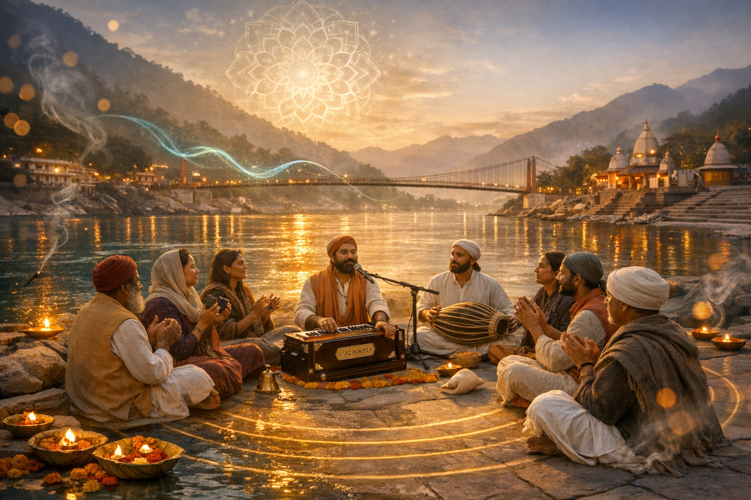Sunset kirtan on the Ganges: singers with harmonium and hand drum sit on river steps amid diyas and incense; temples and a suspension bridge glow behind; a mandala overlays the sky. {post.categories}