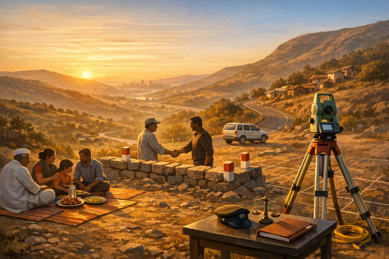 Sunset on a rural hillside where surveyors confirm a property boundary: two men shake hands by red posts as a total station, tape and law book signal land surveying, property law, and land rights.