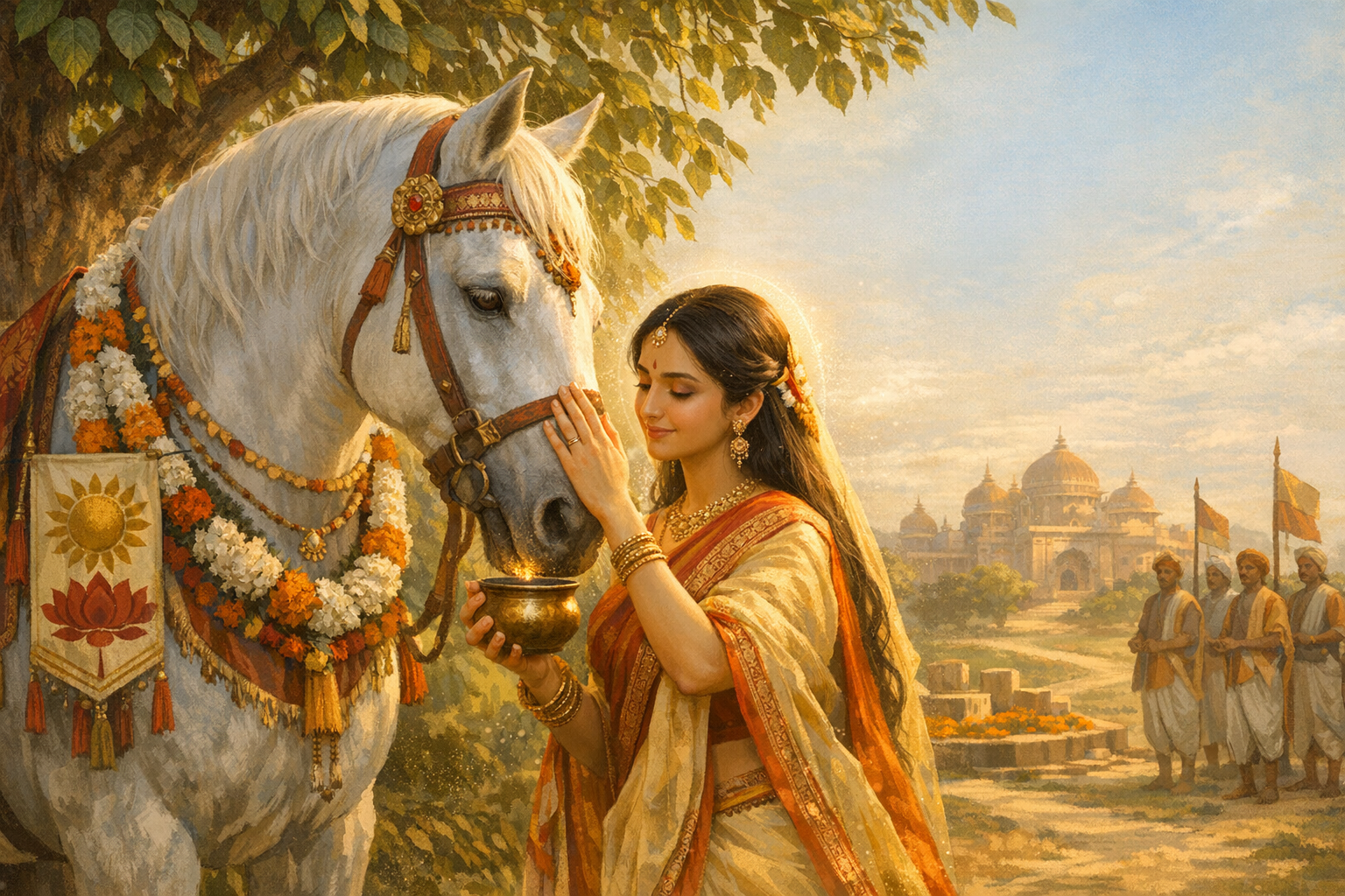 Young woman in a gold-and-saffron sari blessing a garlanded white horse with a brass bowl during a temple procession, with domed shrines and flag bearers behind; Indian culture, heritage, festival.