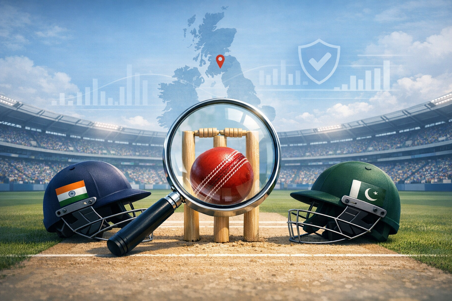 Cricket ball under a magnifying glass between India and Pakistan helmets by the stumps in a packed stadium, with a UK map, location pin and bar charts overlay, suggesting data-driven match analysis.
