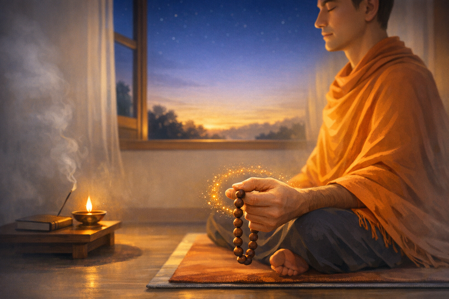 Person in orange robe meditating at dawn, holding a wooden mala with a soft golden glow, beside a flickering oil lamp, incense, and a journal by a window; mindfulness, spirituality, mantra practice.
