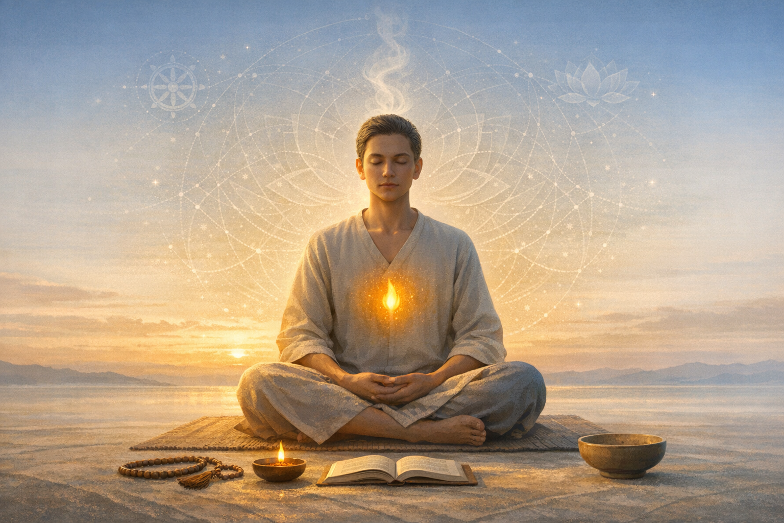 Person meditating at sunrise on a mat with candle, mala beads, and open book; a soft golden flame glows at their chest, framed by subtle mandala and lotus symbols in the sky.