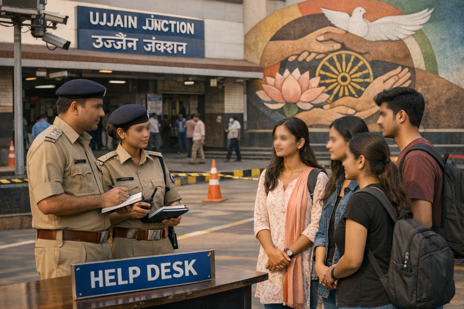 At Ujjain Junction, two police officers talk with four young travelers at a Help Desk by the station entrance, with a mural and signage behind them; travel safety, railway help, {post.categories}.