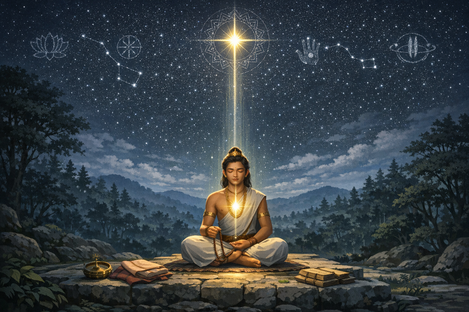 Illustrated yogi meditating on a stone platform in a forest at night, holding mala beads as a golden beam links heart and star; constellations form sacred symbols; yoga, mindfulness, Vedic astrology.