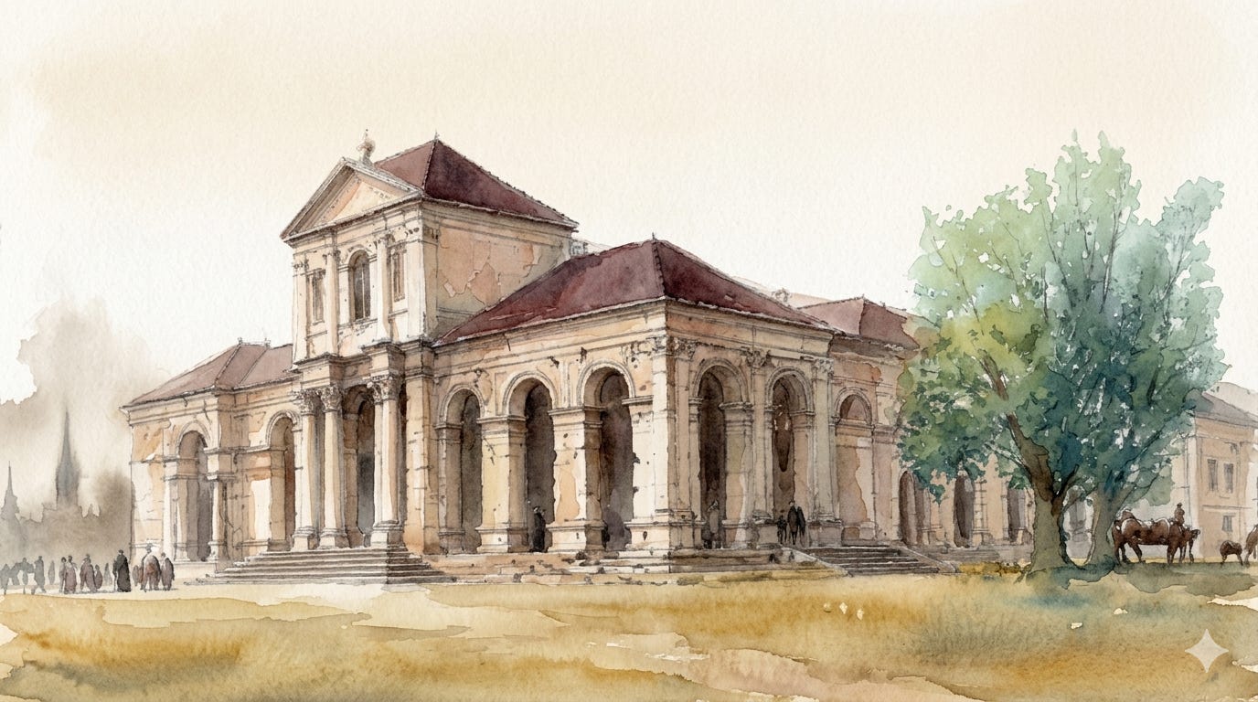 Watercolor of a neoclassical, red‑tiled heritage building with arches and columns, steps, a leafy tree, and small figures and horses—evoking Mysuru’s old-town architecture and culture.