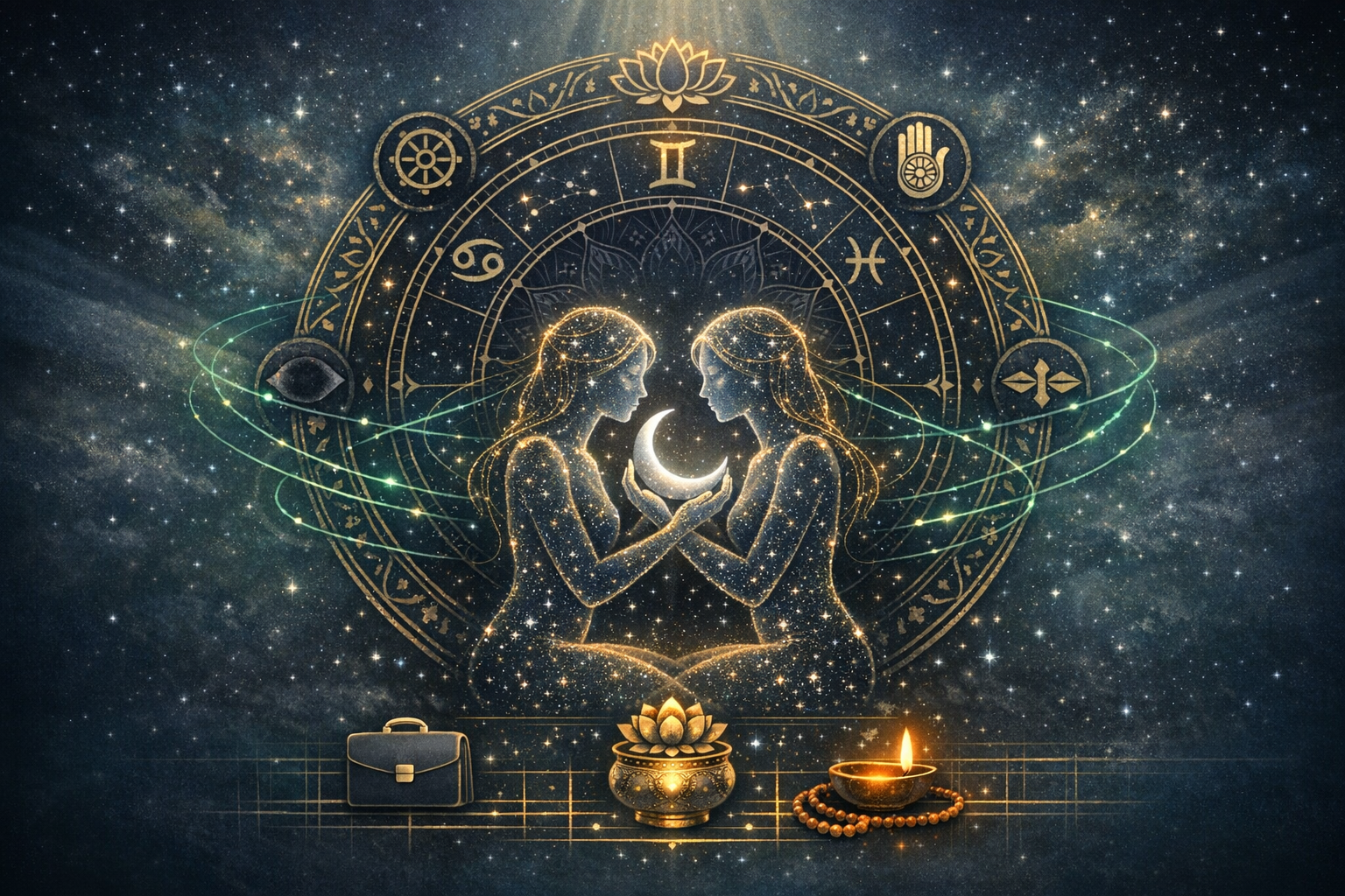 Astrology-themed celestial illustration of Gemini twins formed from starlight holding a crescent moon before a gold zodiac wheel, with orbiting trails and icons of a briefcase, lotus, and oil lamp.