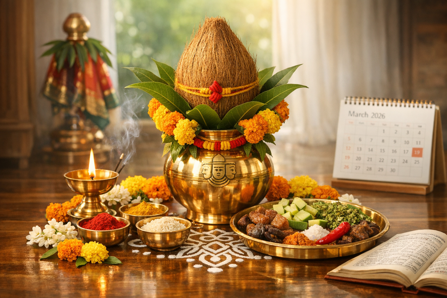 Hindu puja altar with brass kalash, coconut and mango leaves, marigolds, a lit diya, incense, kumkum and rice, prasad thali, open scripture, and a March 2026 calendar on a rangoli.