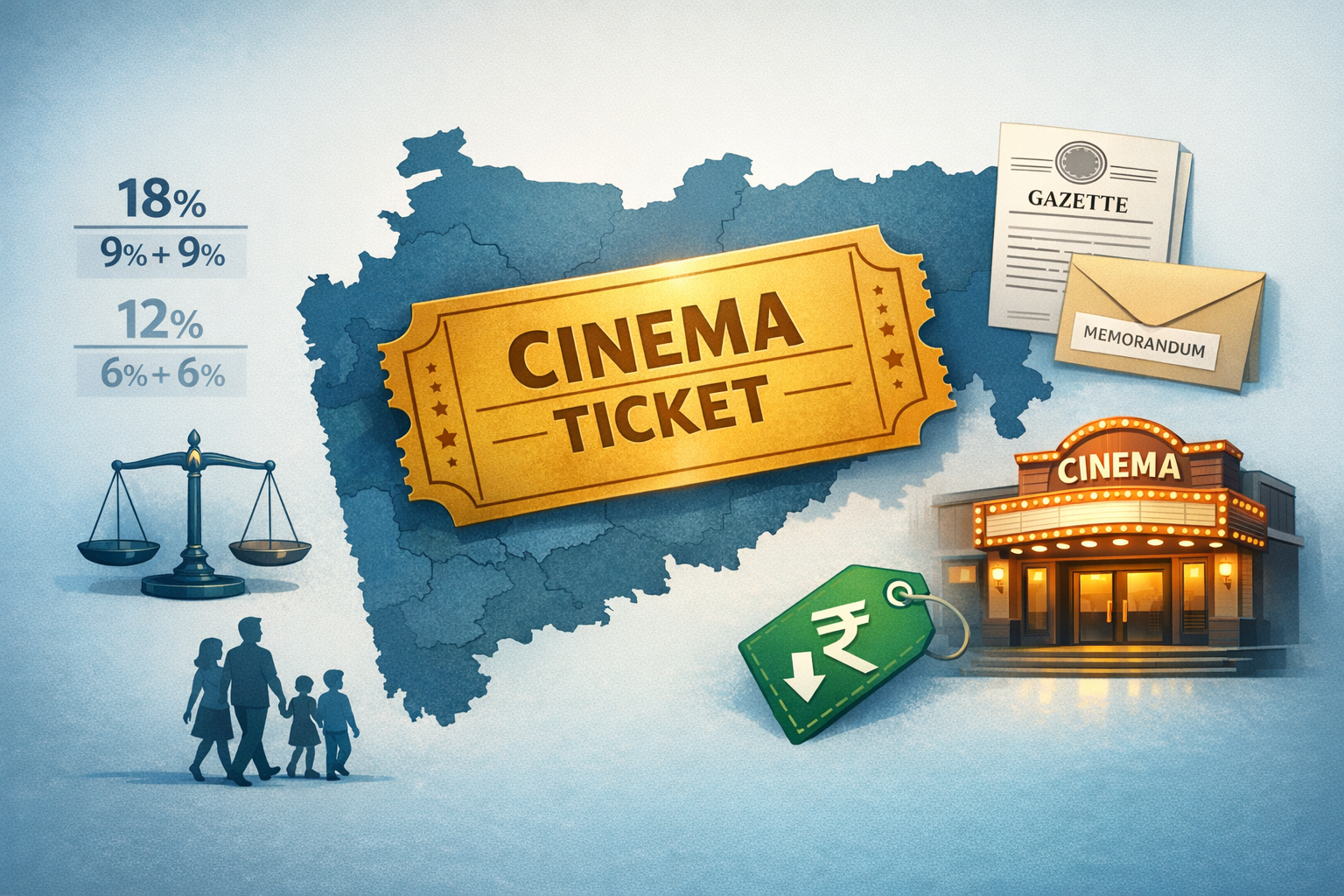 Infographic with a golden cinema ticket over an Indian state map; GST slabs 18% (9%+9%) and 12% (6%+6%); a rupee price-cut tag, lit cinema hall, justice scales, and Gazette/Memorandum papers.