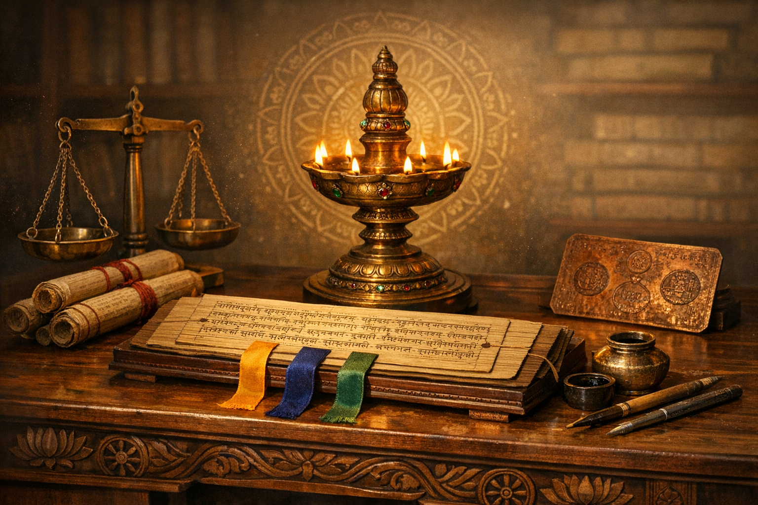 Bronze oil lamp and balance scales beside Sanskrit palm-leaf manuscripts, ink pots, and pens on a carved wooden desk, evoking ancient Indian law, dharma, and jurisprudence in a library setting.