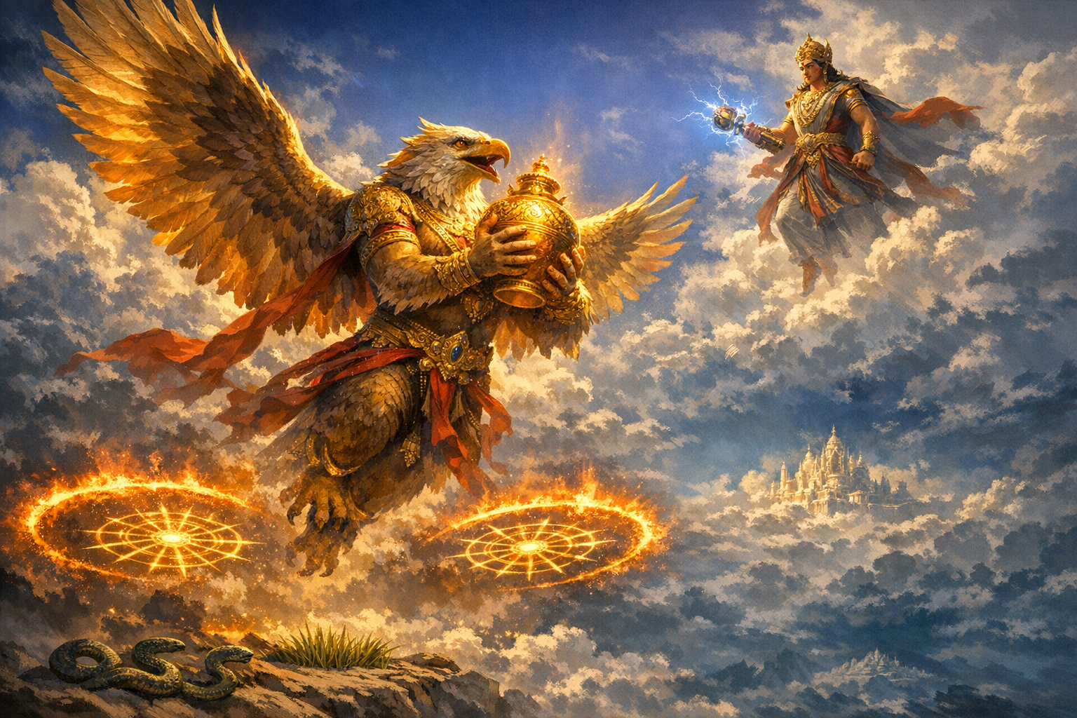 Garuda’s Gigantic Ascent: The Epic Struggle with Indra for Amrit, the Nectar of Immortality