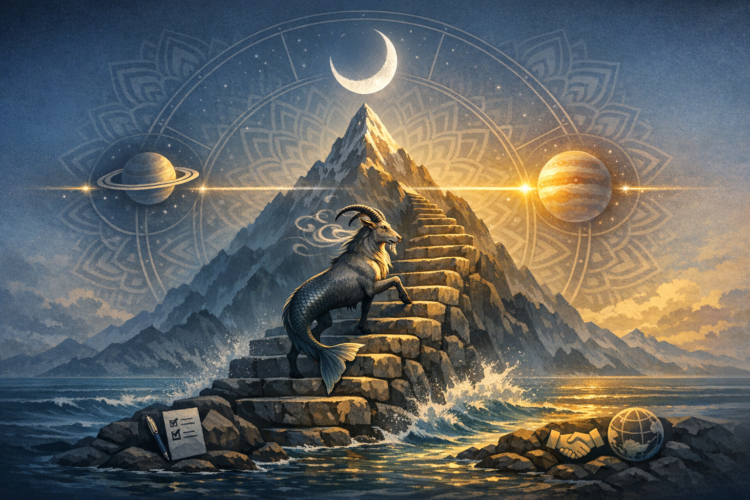 Illustration of a Capricorn sea-goat climbing stone steps up a mountain from the sea, beneath a crescent moon with Saturn and Jupiter, evoking ambition, career goals, discipline, and planning.