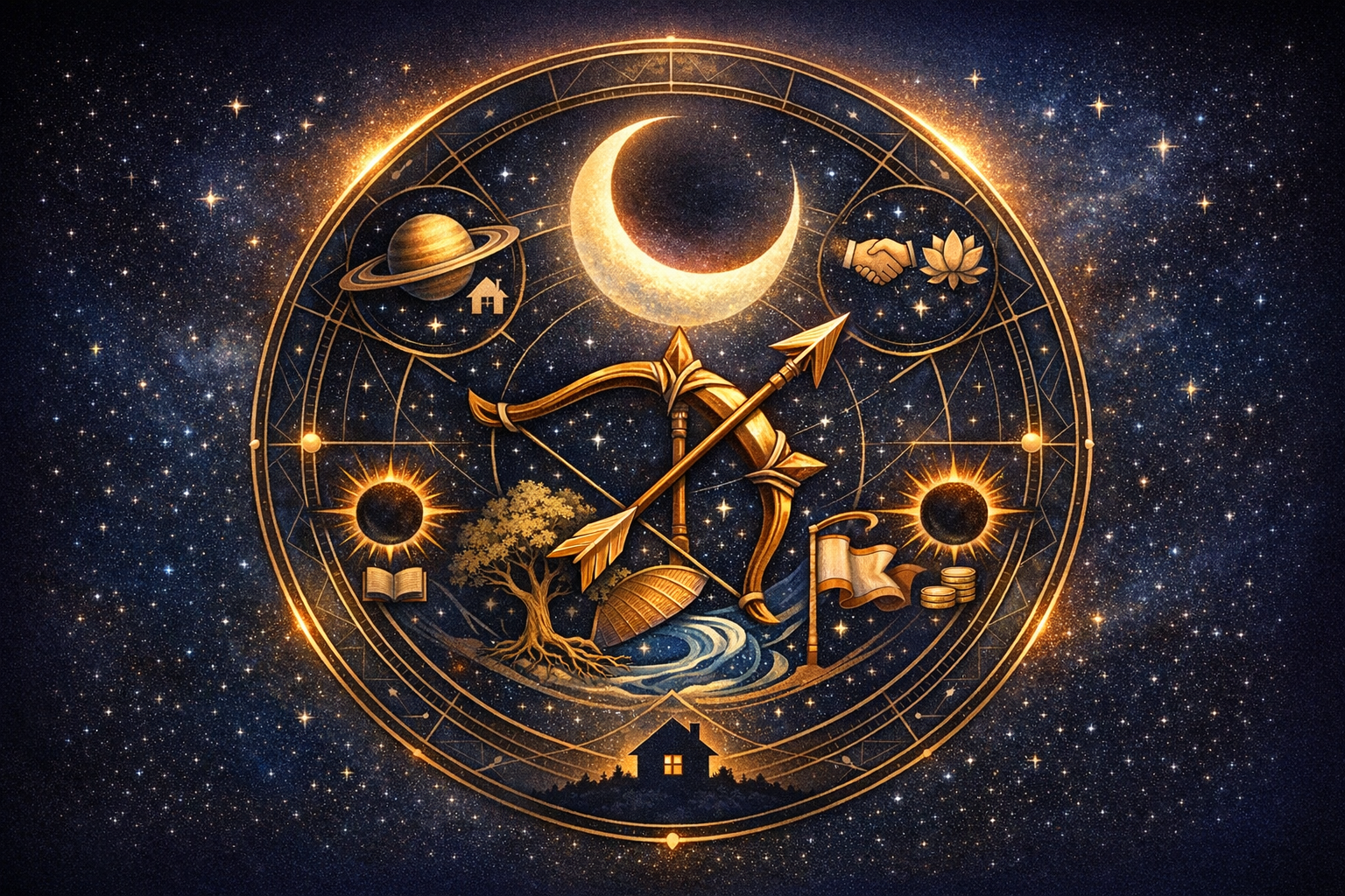 Golden Sagittarius bow and arrow centered in a luminous zodiac wheel, framed by a crescent moon, suns, Saturn, tree, boat, book, coins, flag, house, and handshake against a star-filled sky.