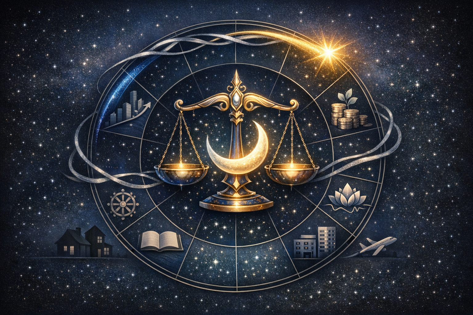 Celestial scales with a glowing crescent moon, encircled by a starry zodiac wheel and icons for finance, growth, home, learning, wellness, city life, and air travel, symbolizing work-life balance.